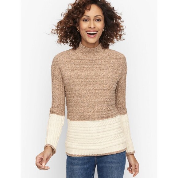 NWT Talbots Women’s XLP Marl Block Cable Knit Mock Neck Sweater Brown Tan XL - Picture 1 of 9